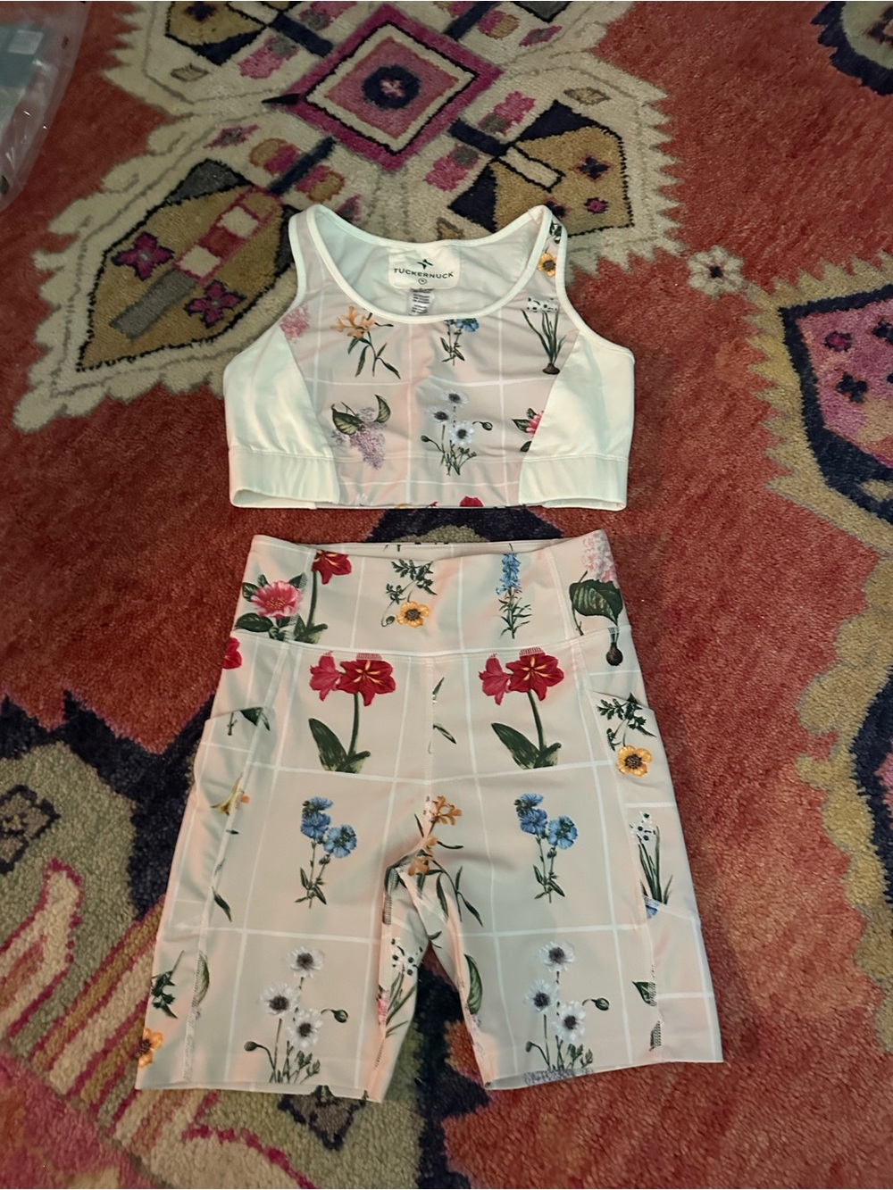 Tuckernuck White Floral Grid Active Top & Bottom Set with Multicolor Blooms